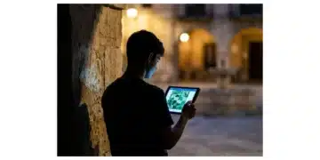Silueta de persona en una plaza española tradicional, con luz dramática, usando una tablet con reflejos digitales que evocan patrones culturales.