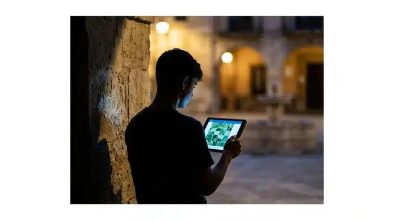 Silueta de persona en una plaza española tradicional, con luz dramática, usando una tablet con reflejos digitales que evocan patrones culturales.