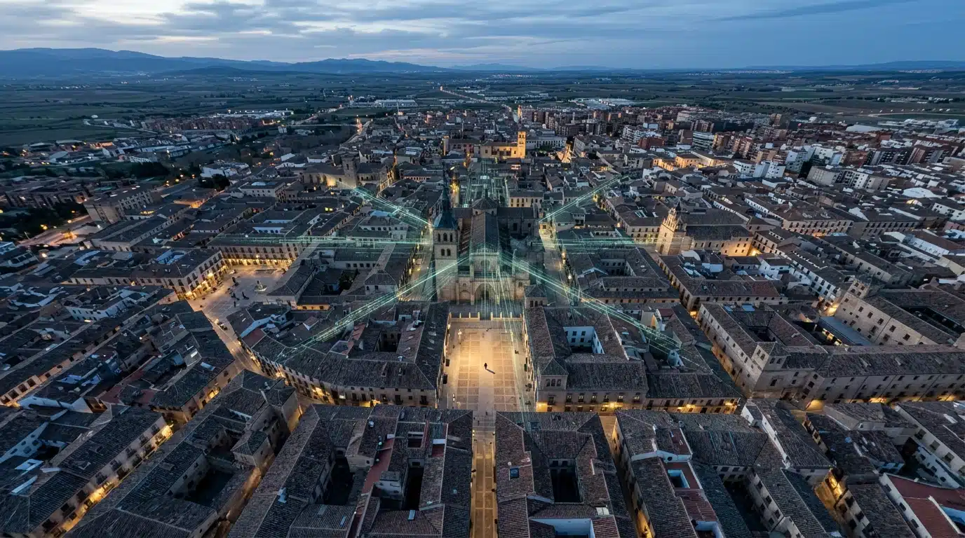 Vista aérea de una ciudad histórica española al anochecer, con techos de teja y plazas, superpuesta con un entramado digital que simboliza la preservación cultural y la tecnología.
