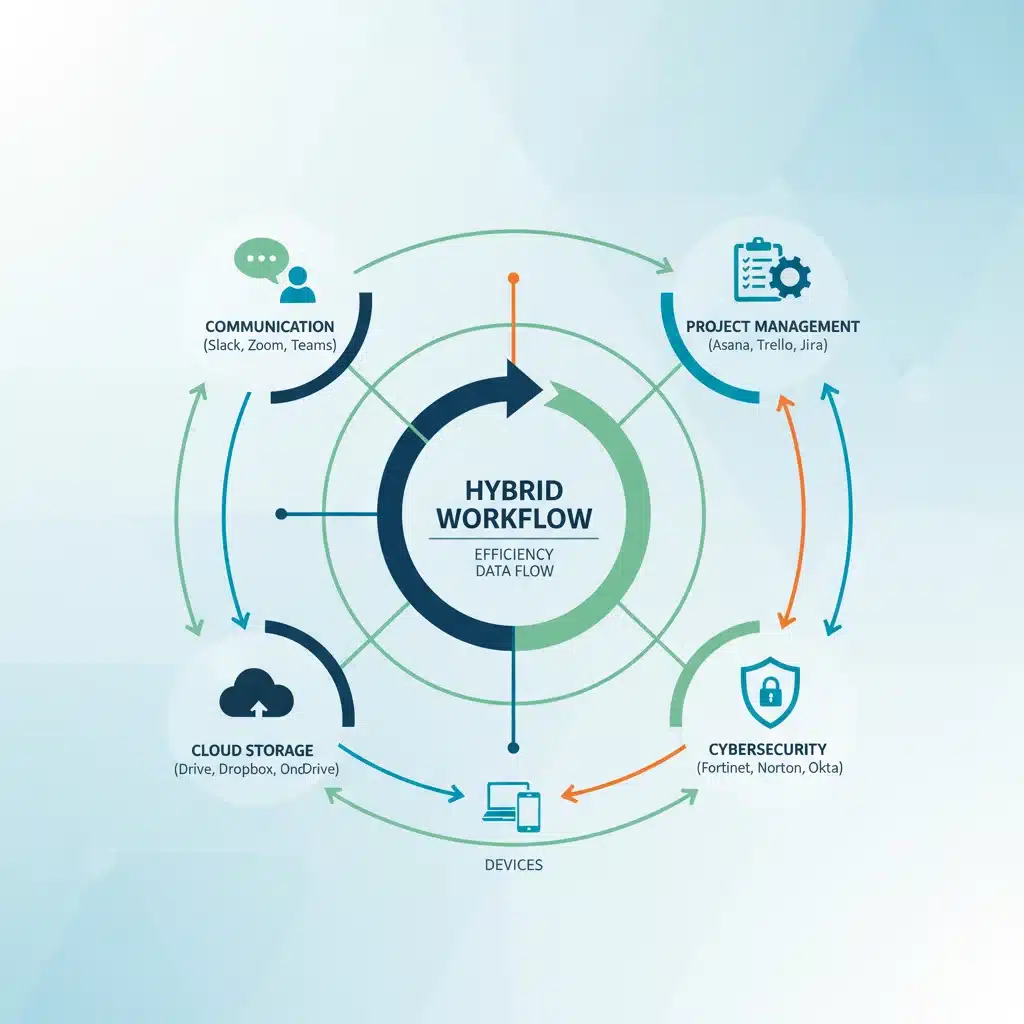 Infografía de herramientas digitales interconectadas para optimizar el flujo de trabajo híbrido.