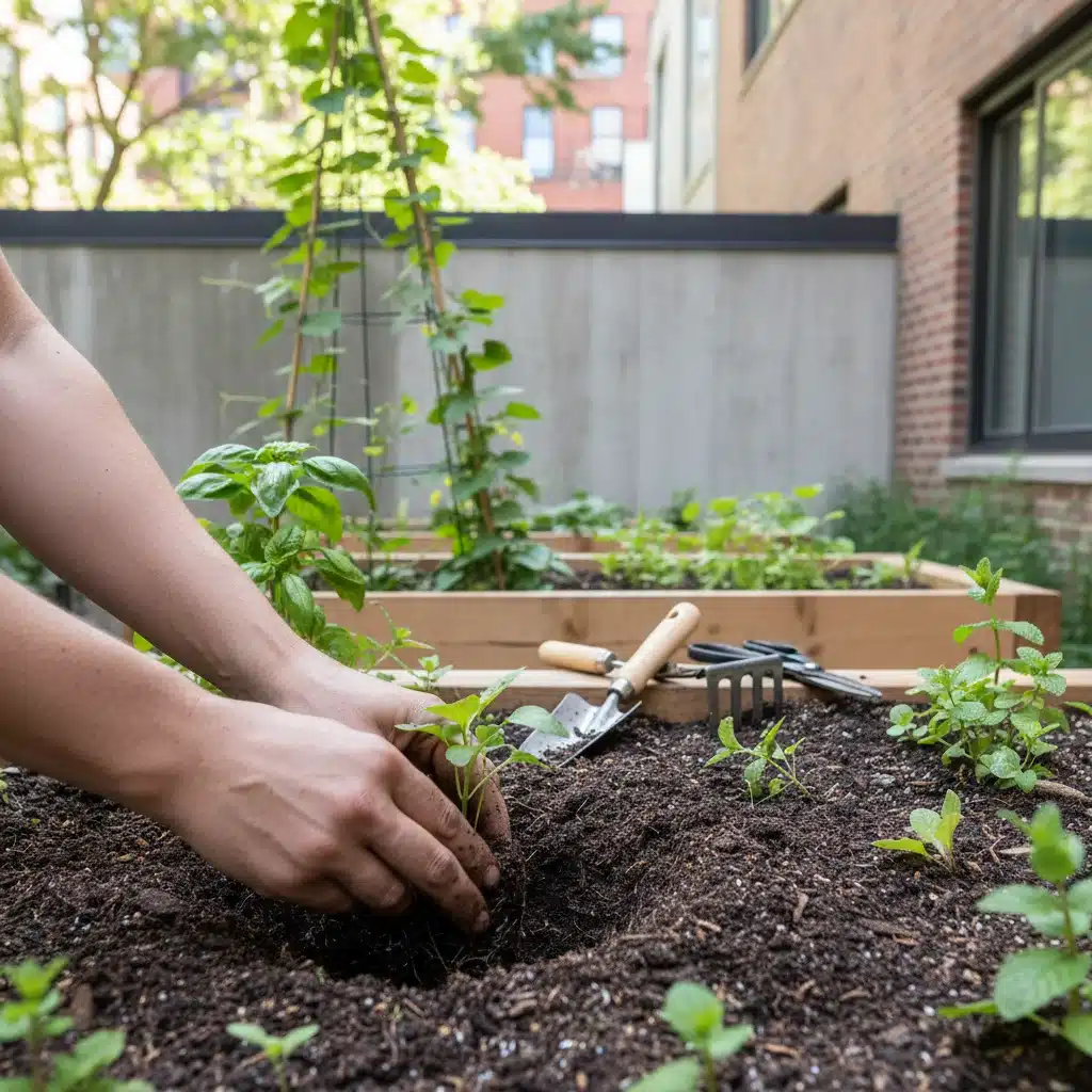 Manos plantando una plántula en un pequeño huerto urbano, mostrando el proceso de siembra.