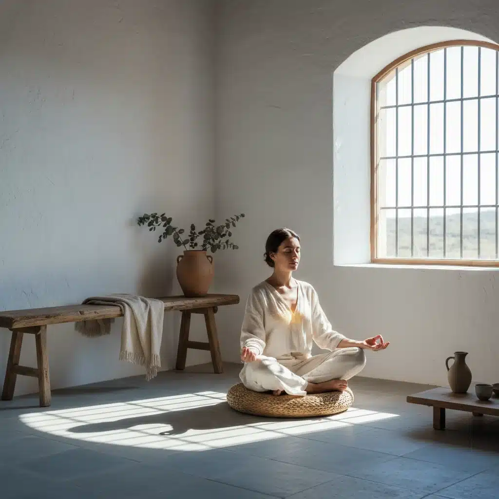 Persona meditando en un rincón tranquilo de su casa, fomentando la paz y la atención plena sin distracciones digitales.