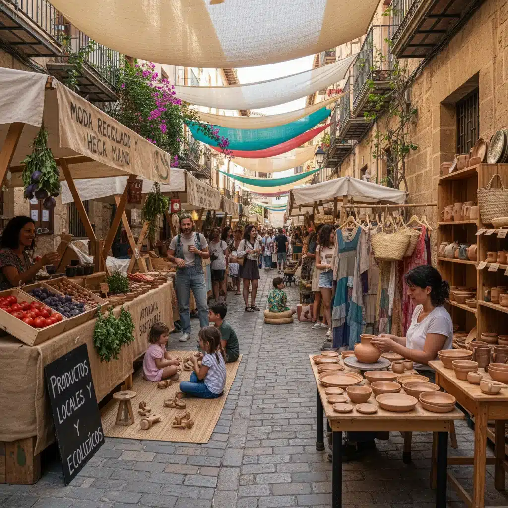 Mercado callejero español con productos locales y sostenibles, reflejando el auge del consumo consciente y la sostenibilidad cultural.