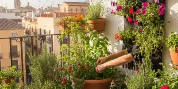 Balcón con micro-huerto urbano lleno de plantas, tomates y hierbas aromáticas en un entorno español.