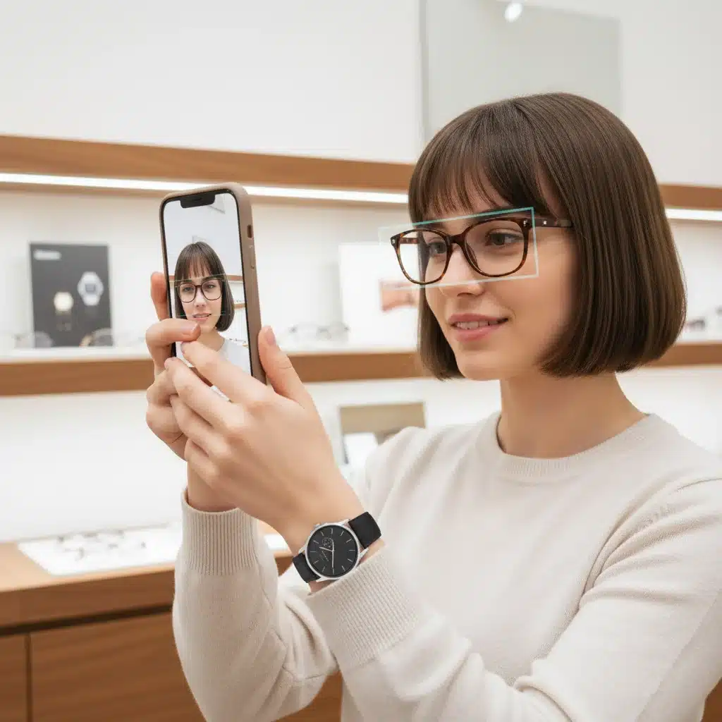 Cliente probándose gafas virtualmente con una aplicación de Realidad Aumentada.