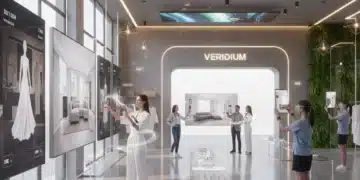 Clientes utilizando realidad aumentada en una tienda minorista moderna para visualizar productos.