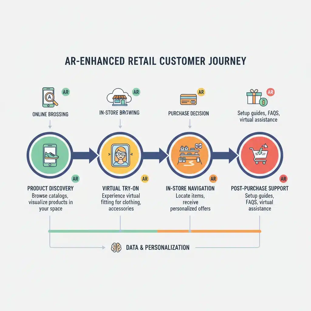 Infografía del recorrido del cliente mejorado con Realidad Aumentada en el comercio.