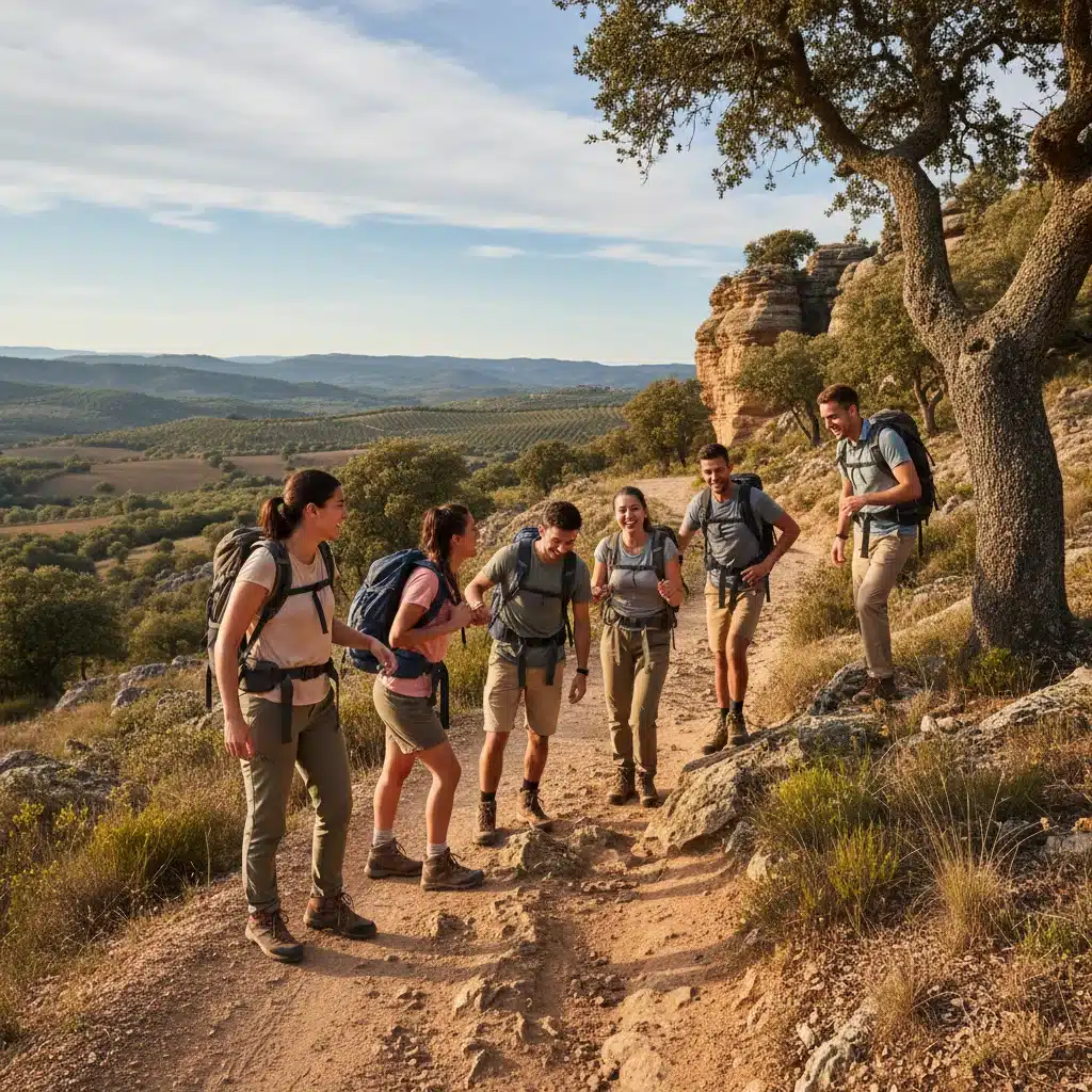 Grupo de jóvenes adultos haciendo senderismo en el campo español, riendo y disfrutando de la naturaleza juntos.