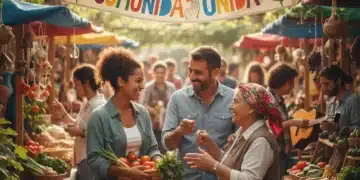 Tres personas españolas diversas sonriendo y conectando en un entorno comunitario animado, representando el fuerte sentido de comunidad.