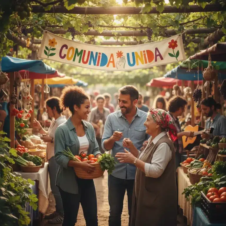 Tres personas españolas diversas sonriendo y conectando en un entorno comunitario animado, representando el fuerte sentido de comunidad.