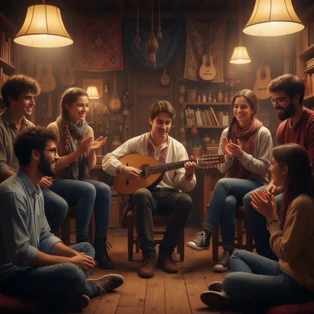 Jóvenes aprendiendo y disfrutando de instrumentos musicales tradicionales españoles en un taller.