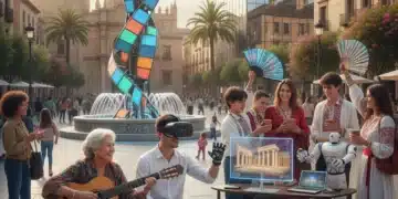 Grupo diverso de personas en España interactuando con elementos culturales modernos y tradicionales, representando las tendencias de 2026.