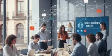 Profesionales colaborando en un entorno de trabajo híbrido en España, con herramientas digitales.