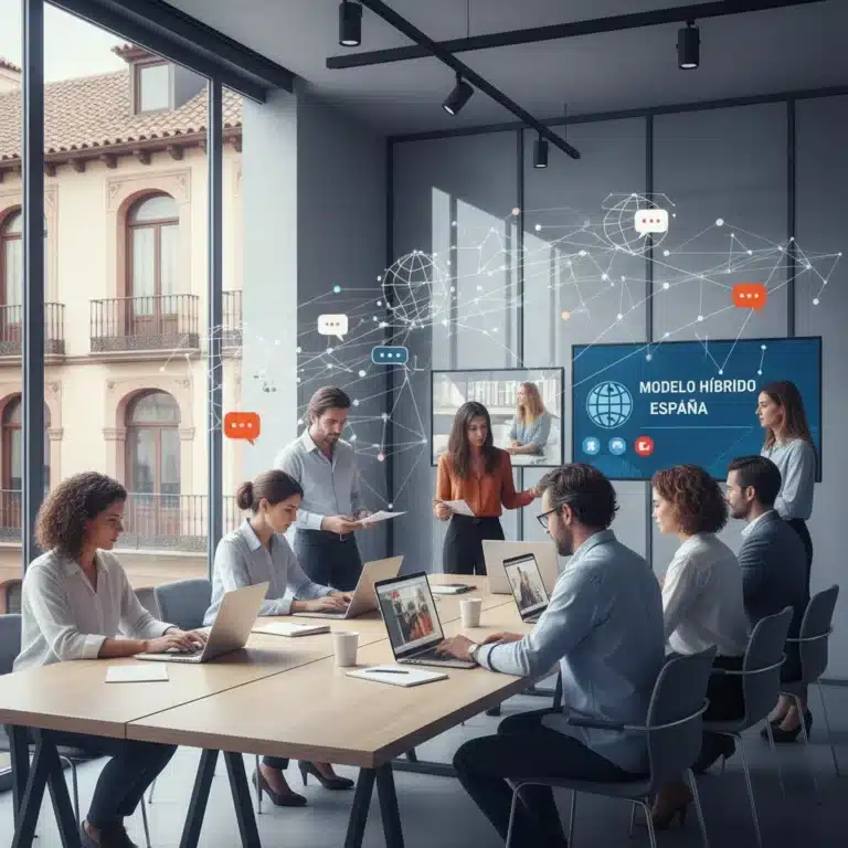 Profesionales colaborando en un entorno de trabajo híbrido en España, con herramientas digitales.