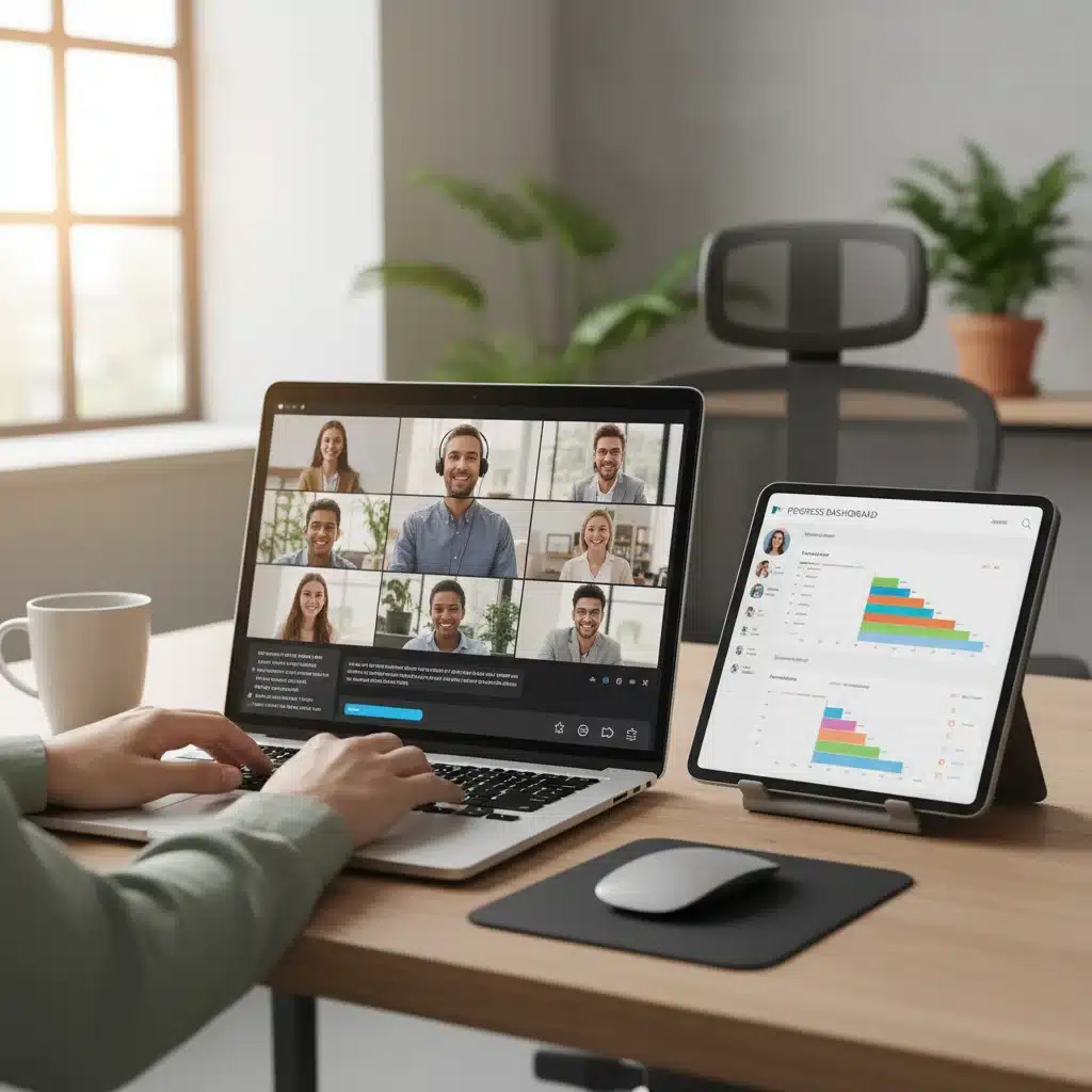 Pantalla de ordenador mostrando una videollamada y software de gestión de proyectos para equipos remotos.