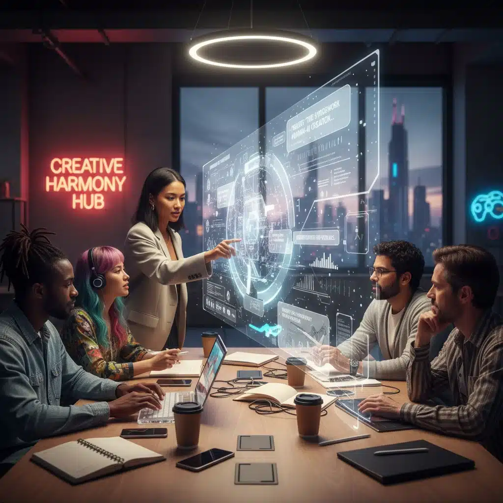 Equipo de creadores de contenido colaborando con un asistente de inteligencia artificial para optimizar la producción.