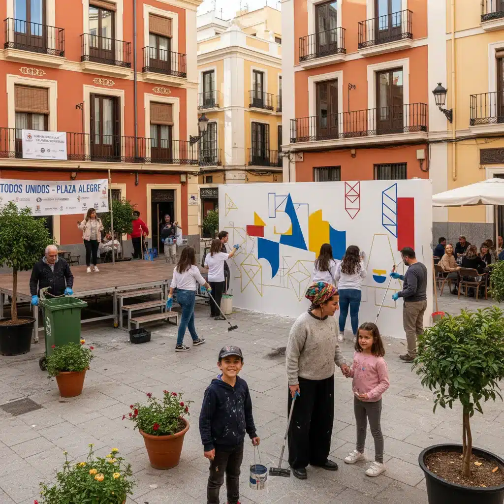 Comunidad urbana colaborando en la pintura de un mural en una plaza, reflejando el espíritu de ayuda mutua.