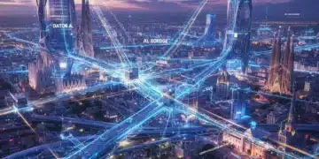 Paisaje urbano español futurista con nodos de Edge Computing brillantes y flujo de datos rápido.