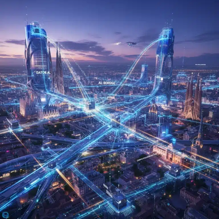 Paisaje urbano español futurista con nodos de Edge Computing brillantes y flujo de datos rápido.