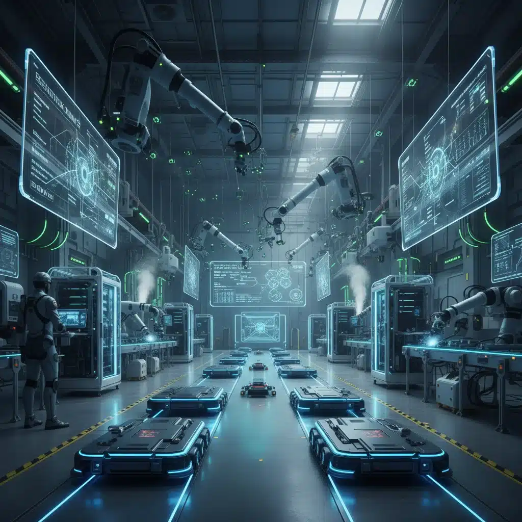 Robots autónomos y sensores IoT en una fábrica, conectados por infraestructura Edge Computing industrial.