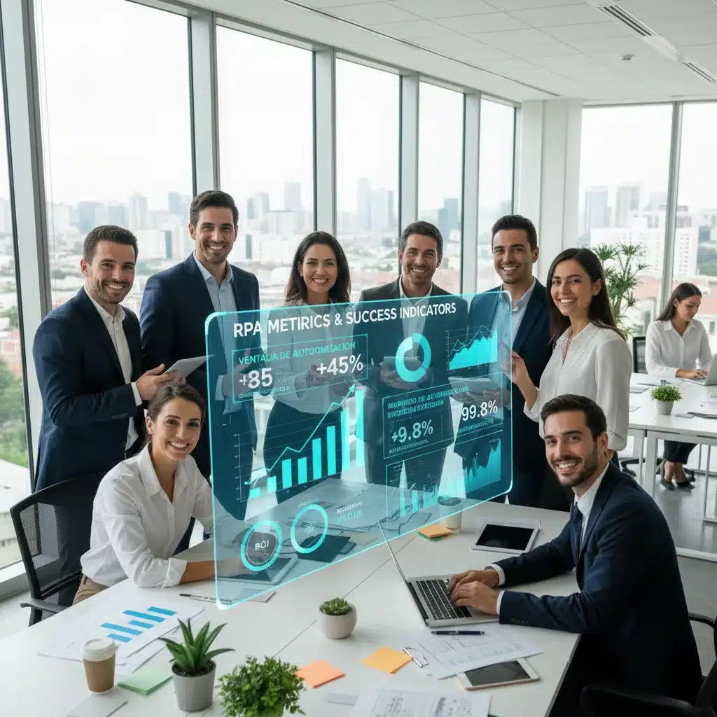 Equipo de profesionales españoles analizando datos de RPA en un panel digital, mostrando colaboración y éxito empresarial.