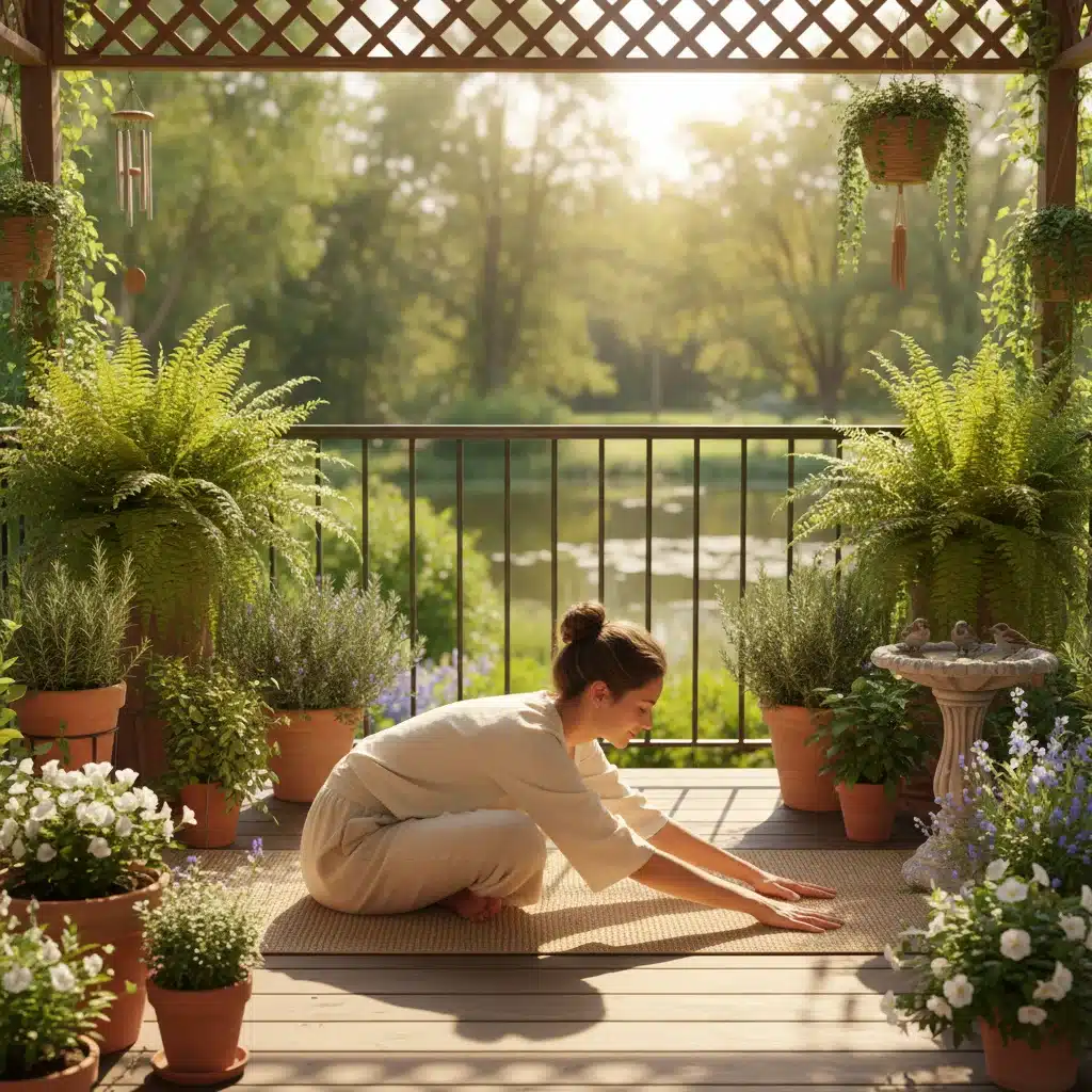 Persona estirándose en una esterilla de yoga en un balcón con plantas, mostrando actividad física para reducir el estrés.