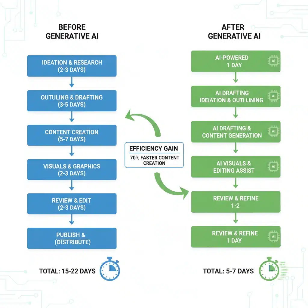 Diagrama comparativo del flujo de trabajo de creación de contenido con y sin inteligencia artificial generativa.