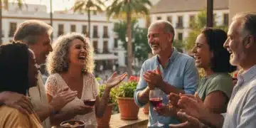 Grupo de españoles mayores de 50 años riendo y socializando en una terraza, disfrutando de nuevas conexiones.