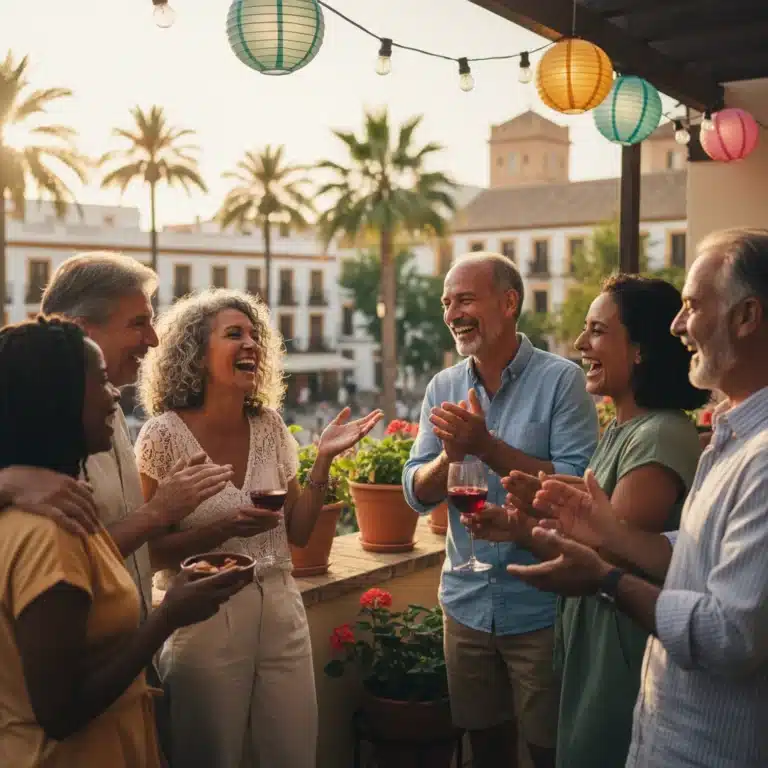 Grupo de españoles mayores de 50 años riendo y socializando en una terraza, disfrutando de nuevas conexiones.