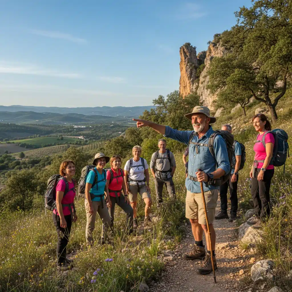 Hombre español de 60 años liderando un grupo de senderismo en un parque natural, fomentando la actividad física y las amistades.