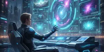 Artista digital futurista utilizando inteligencia artificial generativa para crear contenido visual innovador.