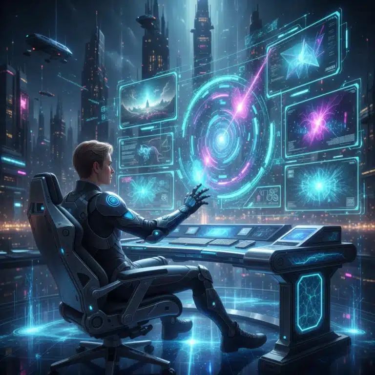 Artista digital futurista utilizando inteligencia artificial generativa para crear contenido visual innovador.