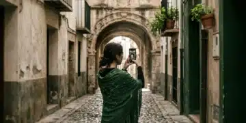 Una mujer con un chal tradicional español fotografiando una arquitectura antigua con su smartphone en un pueblo histórico, simbolizando la fusión de tradición y tecnología.