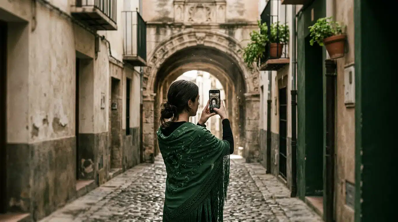 Una mujer con un chal tradicional español fotografiando una arquitectura antigua con su smartphone en un pueblo histórico, simbolizando la fusión de tradición y tecnología.
