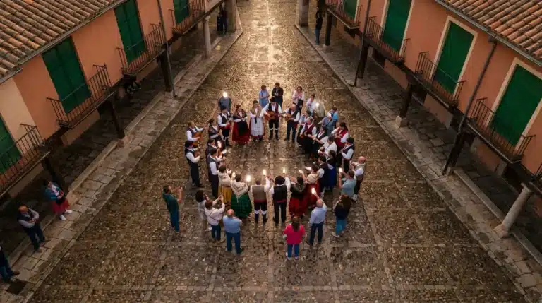 Una vista aérea de un festival tradicional español, con personas vestidas con trajes regionales e interactuando con dispositivos móviles, bajo la luz dorada del atardecer.