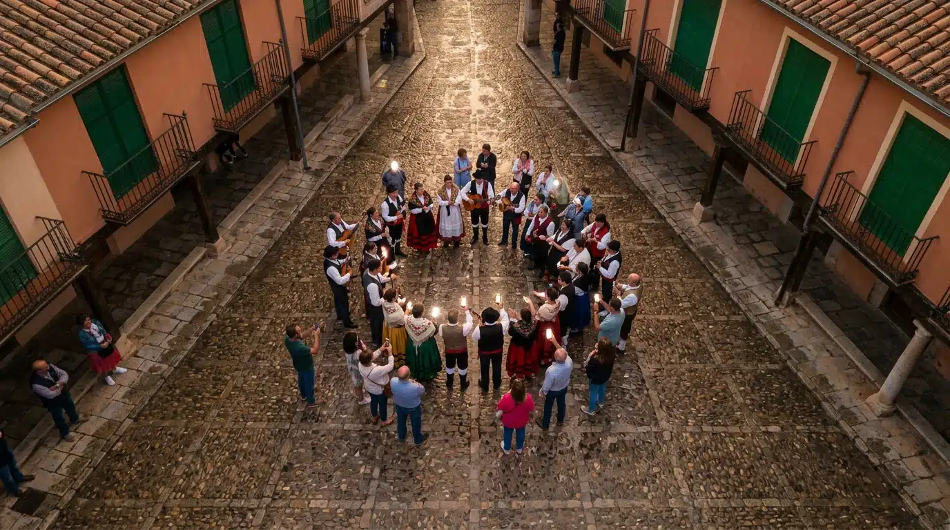 Una vista aérea de un festival tradicional español, con personas vestidas con trajes regionales e interactuando con dispositivos móviles, bajo la luz dorada del atardecer.