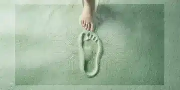 Vista cenital de un pie descalzo dejando una huella clara en arena fina de tono verde pálido, con líneas de código digital apenas visibles extendiéndose alrededor, simbolizando la huella digital activa y pasiva.
