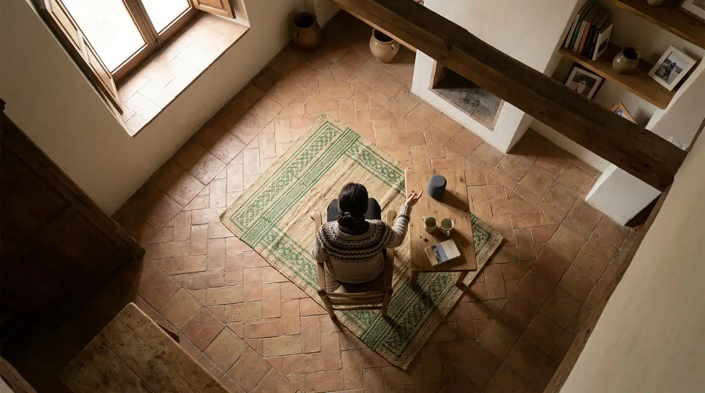 Vista aérea de un hogar español combinando tradición con un altavoz inteligente, destacando la interacción humana y el ambiente doméstico.