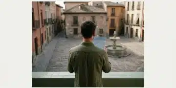 Persona observando una plaza histórica española con una tablet que proyecta datos digitales, fusionando tradición y tecnología.