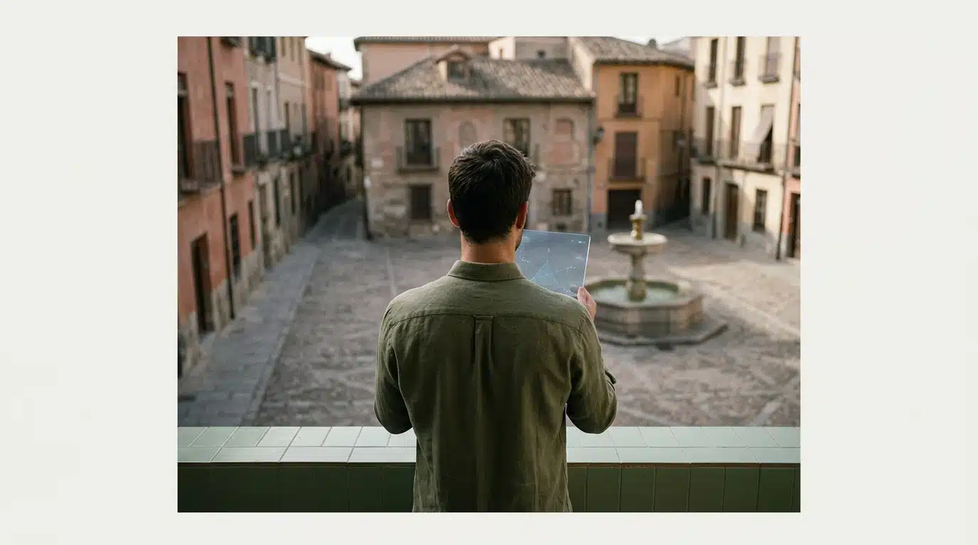 Persona observando una plaza histórica española con una tablet que proyecta datos digitales, fusionando tradición y tecnología.