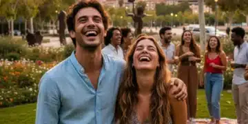 Jóvenes españoles reconstruyendo sus redes de apoyo en un parque urbano al atardecer.