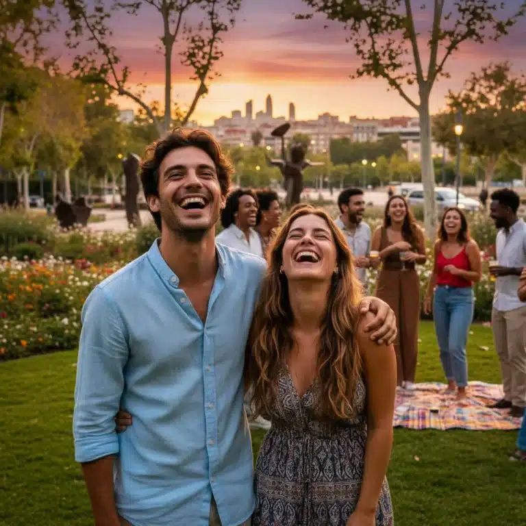 Jóvenes españoles reconstruyendo sus redes de apoyo en un parque urbano al atardecer.
