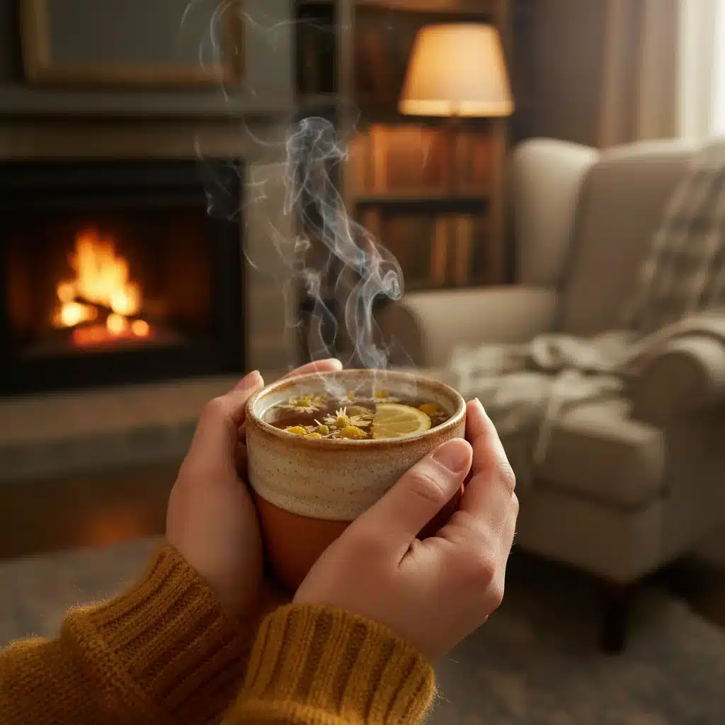 Manos sosteniendo una taza de té de hierbas caliente, simbolizando un momento de relajación y mindfulness.