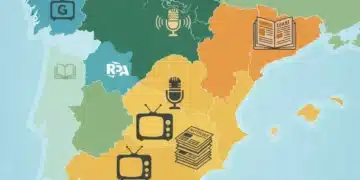 Mapa de España con regiones lingüísticas y símbolos de medios de comunicación