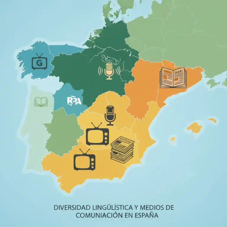 Mapa de España con regiones lingüísticas y símbolos de medios de comunicación