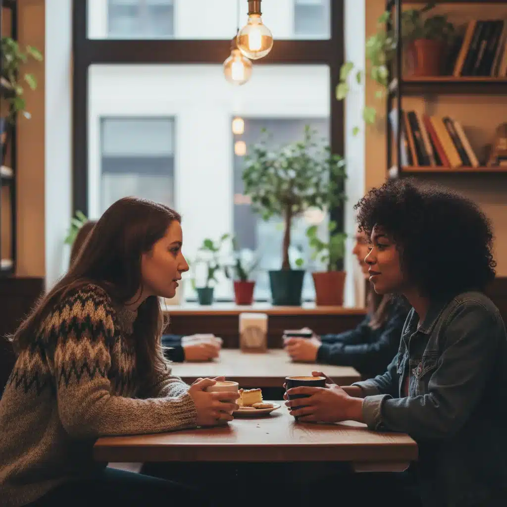 María en una conversación profunda con una amiga en un café, simbolizando el apoyo mutuo.