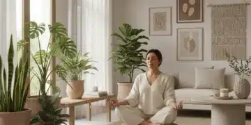 Gestión del Estrés en Casa: 6 Técnicas Sencillas para Mejorar tu Bienestar Diario en España 2026 Persona meditando tranquilamente en un salón moderno español, representando la gestión del estrés en el hogar.