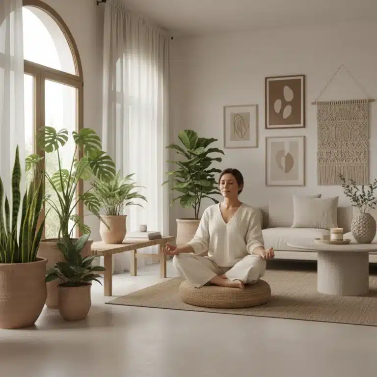 Persona meditando tranquilamente en un salón moderno español, representando la gestión del estrés en el hogar.