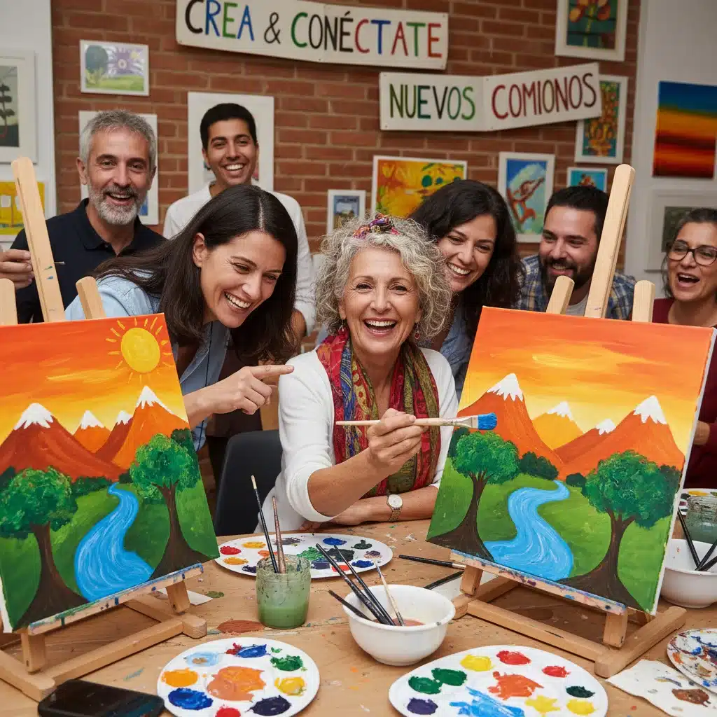 Mujer española de 50 años sonriendo en una clase de arte comunitaria, haciendo nuevos amigos y disfrutando de un hobby.