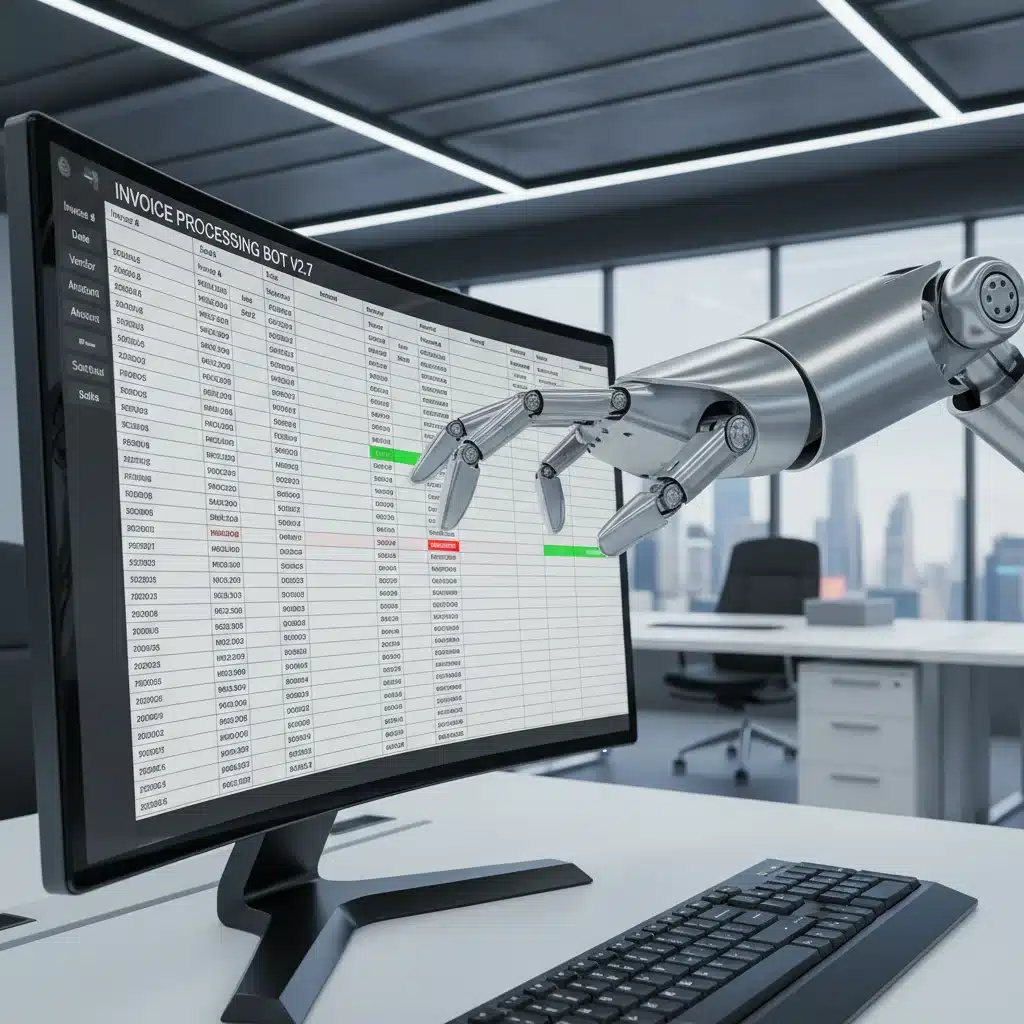 Brazo robótico realizando tareas administrativas repetitivas en una pantalla de ordenador, ilustrando la eficiencia de RPA.